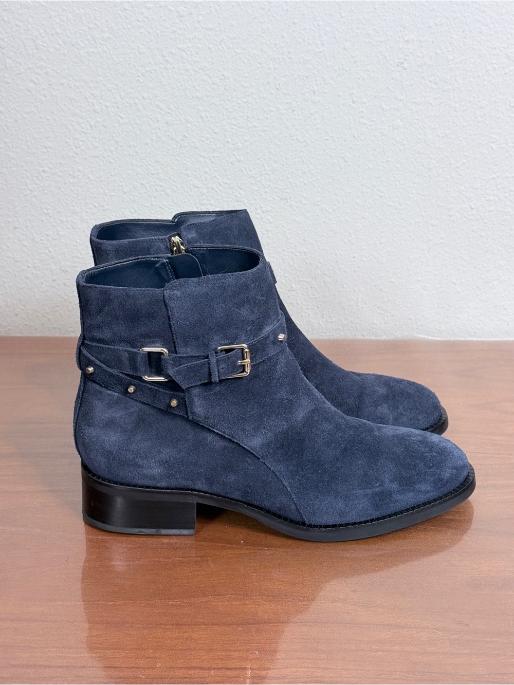 Talbots Waverly Navy Suede Studded Strap Ankle Booties with Buckle Detail 10